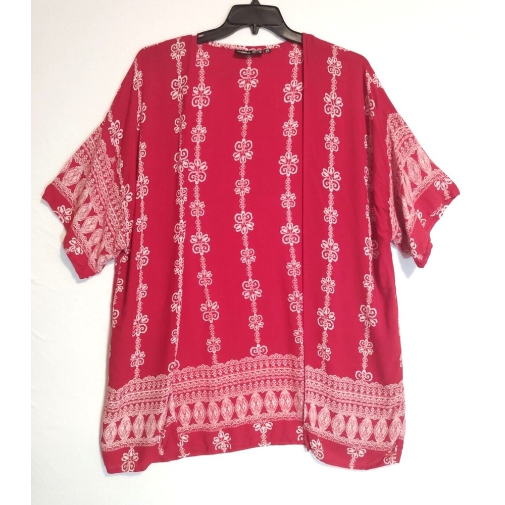 Anandas Collection Women's Boho Red White Rayon Floral Open Front Blouse 2X FLAW